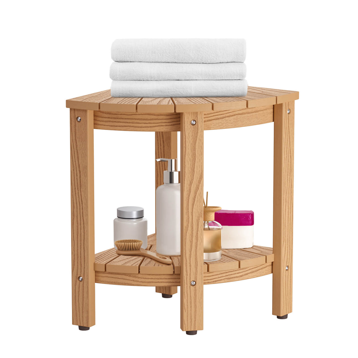 Upstreman 12" Corner Shower Bench Shower Stool for Inside Shower Seat with Shelf Foot Rest for Shaving Legs Water Resistance No-Maintenance Wooden-Like for Bathroom Spa Small Spaces (Teak Color)