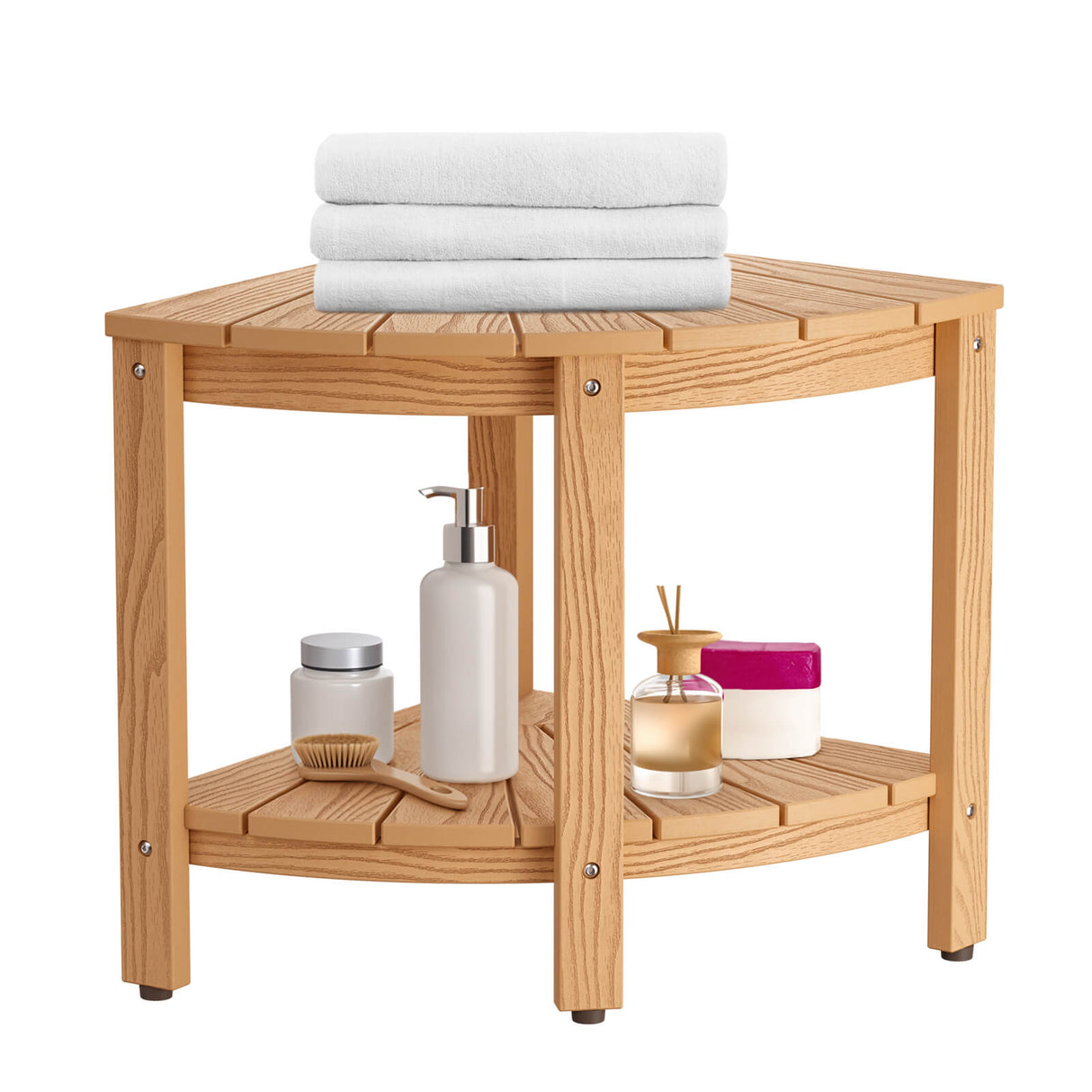 pstreman 16" Corner Shower Bench Shower Stool for Inside Shower Seat with Shelf Foot Rest for Shaving Legs Water Resistance No-Maintenance Wooden-Like for Bathroom Spa Small Spaces (Teak Color)