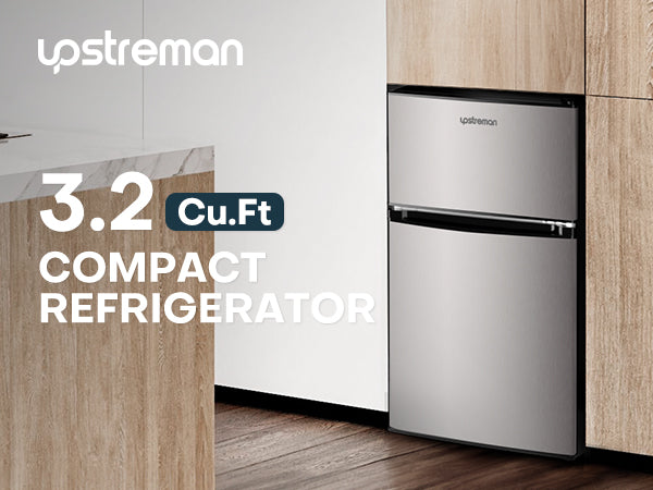 Upstreman 3.2 Cu.Ft Mini Fridge with Freezer, Stainless Steel 2 door, Adjustable Thermostat, Low noise, Energy-efficient, Compact Refrigerator for Dorm, Office, Bedroom