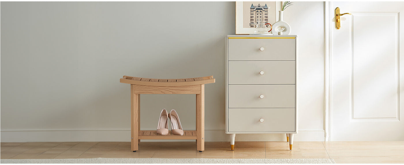 Upstreman 24" Shower Benches for Inside Shower Stool with Large Storage Shelf Water Resistant & Non-Slip Feets Design for Bathroom Living Room Bedroom (Teak Color)