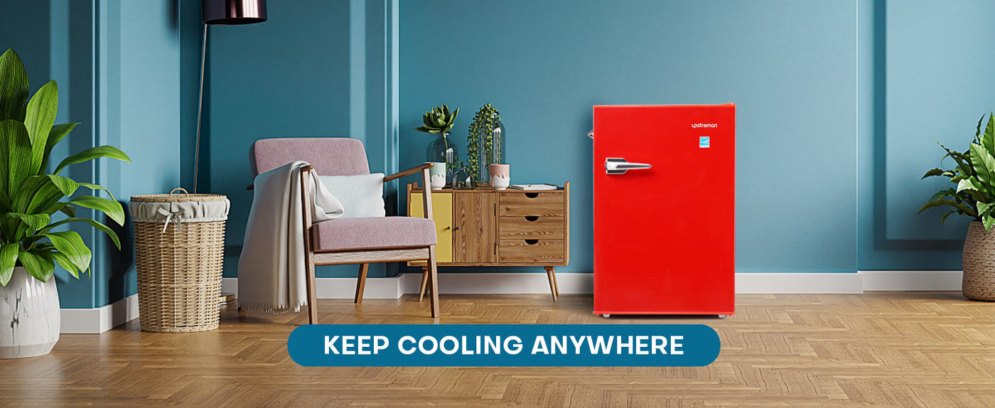 Upstreman 4.5 Cu Ft Retro Compact Refrigerator, Mini Fridge with Freezer for Bedroom, Adjustable Thermostat, Side Bottle Opener, Small Fridge for Office, Bedroom, Dorm, Bar, Red-CR45