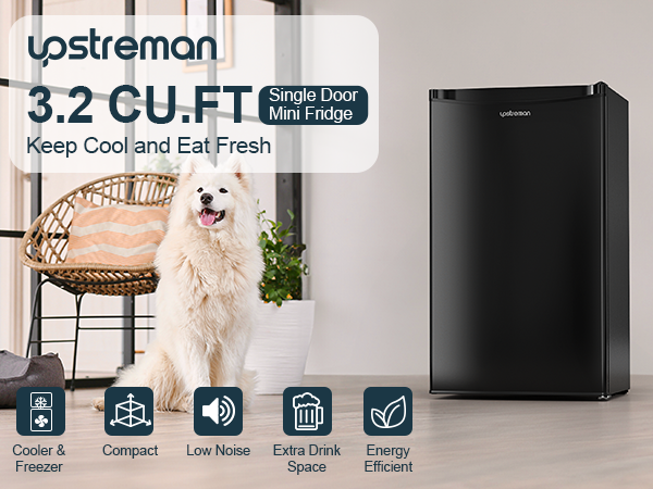 Upstreman 3.2 Cu.Ft Mini Fridge with Freezer, Single Door, Adjustable Thermostat, Refrigerator for Dorm, Office, Bedroom
