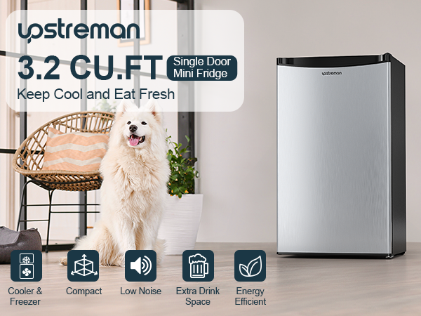 Upstreman 3.2 Cu.Ft Mini Fridge with Freezer, Single Door Mini Fridge, Adjustable Thermostat, Mini Refrigerator for Dorm, Office, Bedroom, Stainless Steel