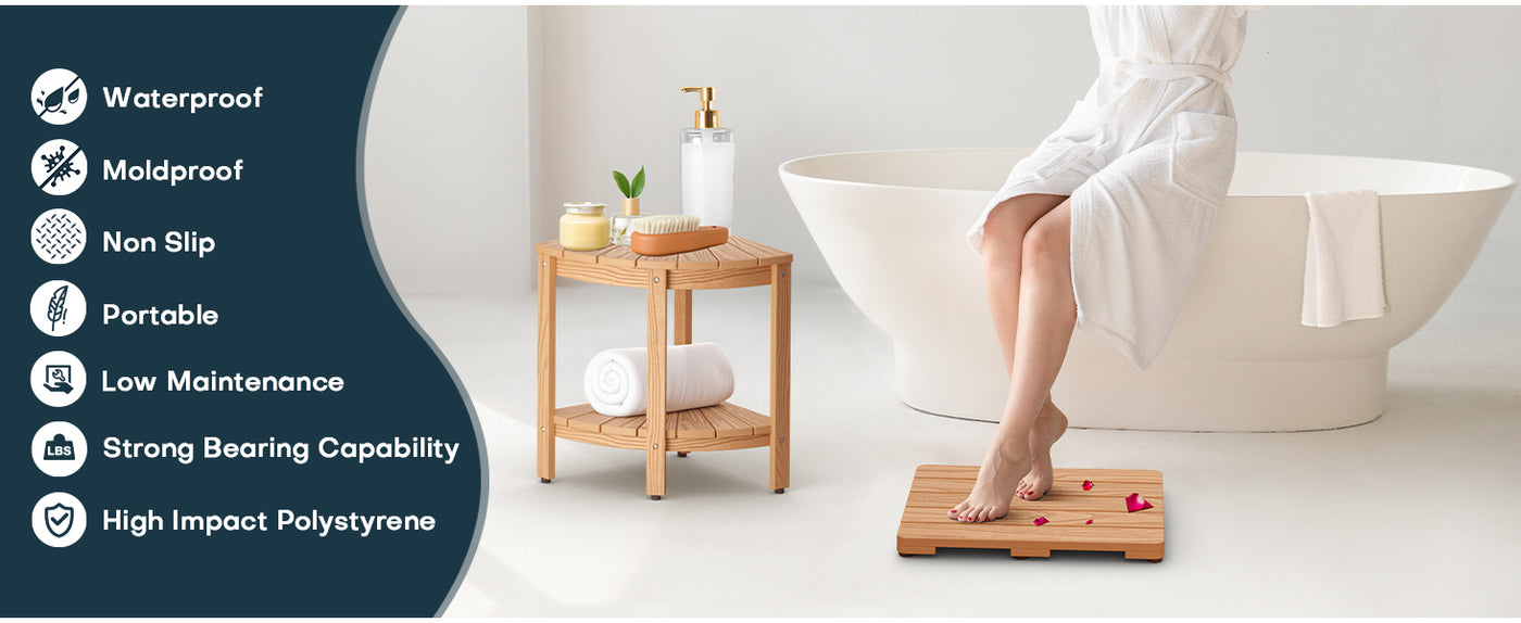 Upstreman 16" Shower Mat for Inside Shower Bath Mat for Bathroom Floor Spa Mat Water Resistance No-Maintenance Wooden-Like Non Slip for Bathtub, Pool, Seaside, Indoor & Outdoor Use (Teak Color)