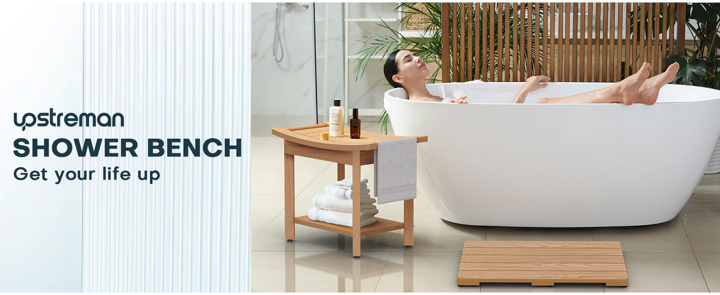 Upstreman 24" Shower Benches for Inside Shower Stool with Large Storage Shelf Water Resistant & Non-Slip Feets Design for Bathroom Living Room Bedroom (Teak Color)