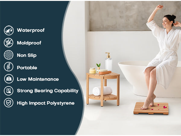 Upstreman 16" Shower Mat for Inside Shower Bath Mat for Bathroom Floor Spa Mat Water Resistance No-Maintenance Wooden-Like Non Slip for Bathtub, Pool, Seaside, Indoor & Outdoor Use (Teak Color)