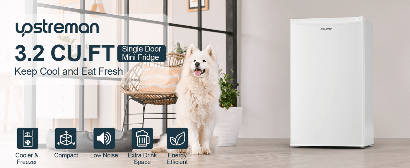 Upstreman 3.2 Cu.Ft Mini Fridge with Freezer, Single Door Mini Fridge, Adjustable Thermostat, Mini Refrigerator for Dorm, Office, Bedroom, White