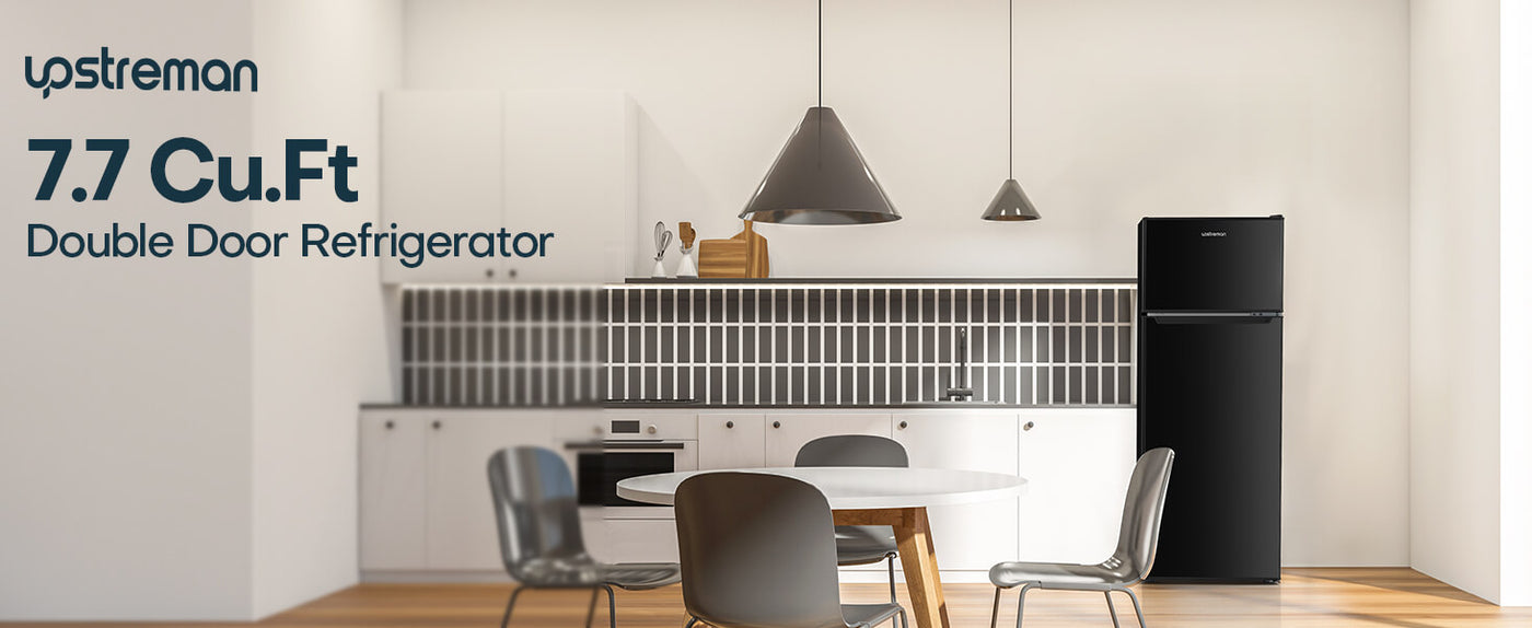 Upstreman 7.7 Cu.Ft. Double Door-Apartment Size Fridge with Large Capacity Top Freezer, Adjustable Thermostat Control, Reversible Door Swing,Black(BD75)