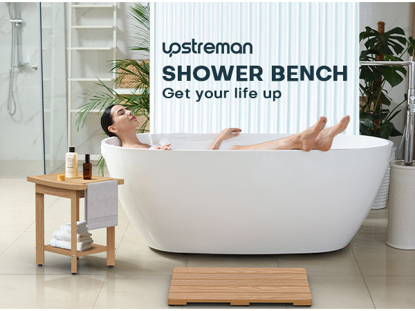 Play Video Click to see more videos        2 VIDEOS Upstreman 16" Shower Benches for Inside Shower Stool with Large Storage Shelf Water Resistant & Non-Slip Feets Design for Bathroom Living Room Bedroom (Teak Color)