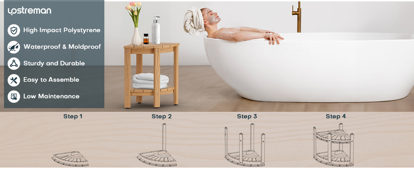 Upstreman 12" Corner Shower Bench Shower Stool for Inside Shower Seat with Shelf Foot Rest for Shaving Legs Water Resistance No-Maintenance Wooden-Like for Bathroom Spa Small Spaces (Teak Color)