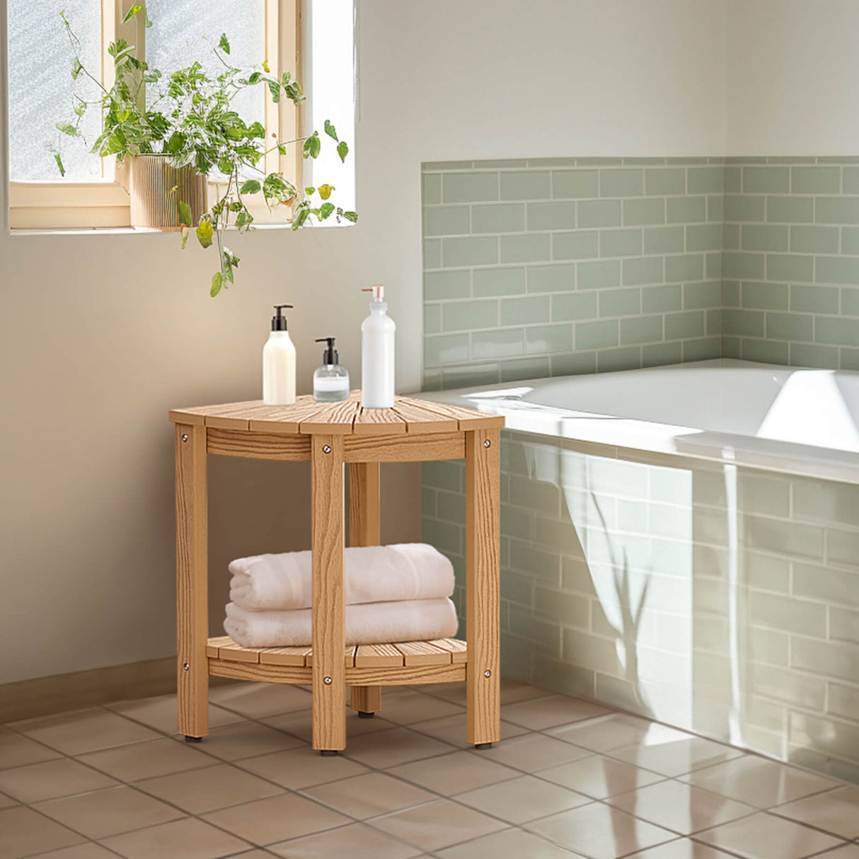 Upstreman 12" Corner Shower Bench Shower Stool for Inside Shower Seat with Shelf Foot Rest for Shaving Legs Water Resistance No-Maintenance Wooden-Like for Bathroom Spa Small Spaces (Teak Color)