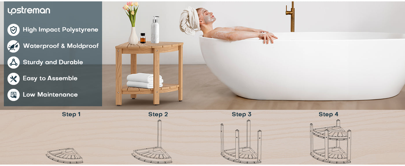 Upstreman 16" Corner Shower Bench Shower Stool for Inside Shower Seat with Shelf Foot Rest for Shaving Legs Water Resistance No-Maintenance Wooden-Like for Bathroom Spa Small Spaces (Teak Color)