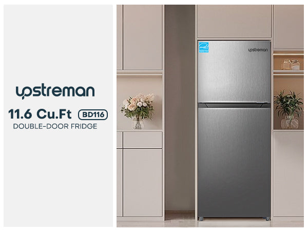 Upstreman 11.6 Cu.Ft. Double Door Fridge in Stainless Steel with Large Capacity Top Freezer, Auto Defrost, Adjustable Thermostat Control, Reversible Door Swing, ENERGY STAR