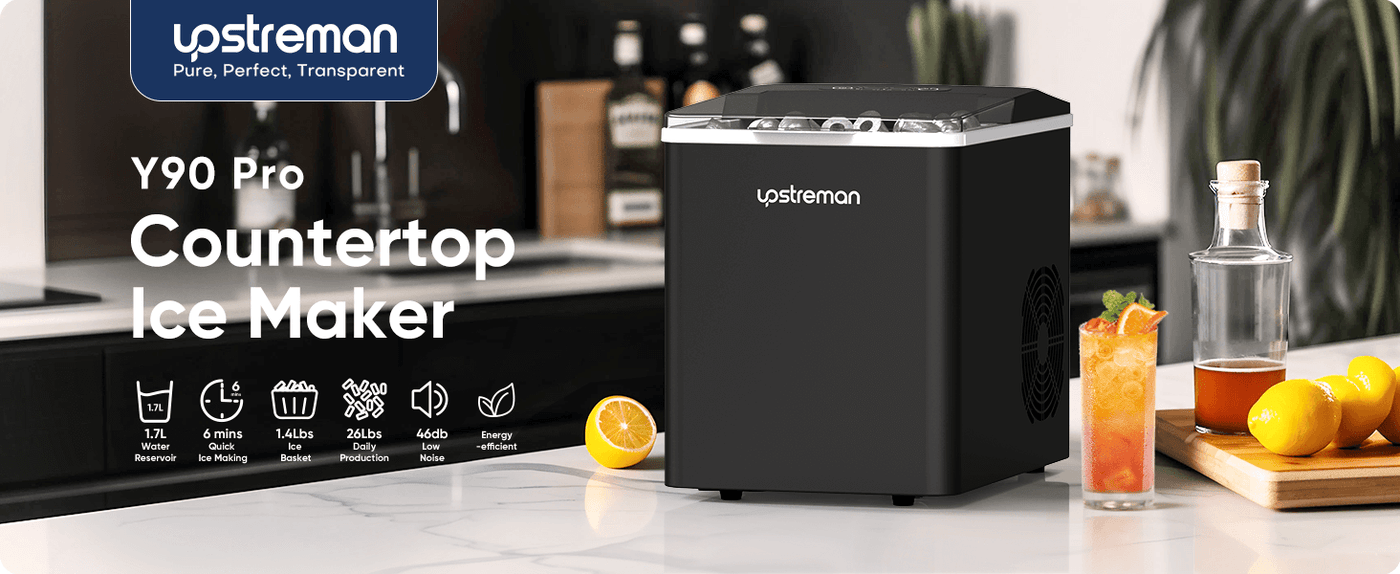 Upstreman Y90 Pro Countertop Ice Maker with Self-Cleaning, 26lbs in 24Hrs, 9 Ice Cubes Ready in 6 Mins, Ice Cube Maker Machine of 2 Sizes Bullet Ice for Home, Kitchen, Office, Bar, Party