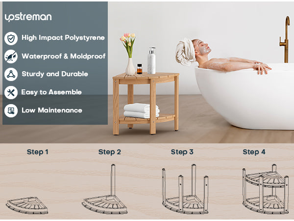 Upstreman 16" Corner Shower Bench Shower Stool for Inside Shower Seat with Shelf Foot Rest for Shaving Legs Water Resistance No-Maintenance Wooden-Like for Bathroom Spa Small Spaces (Teak Color)
