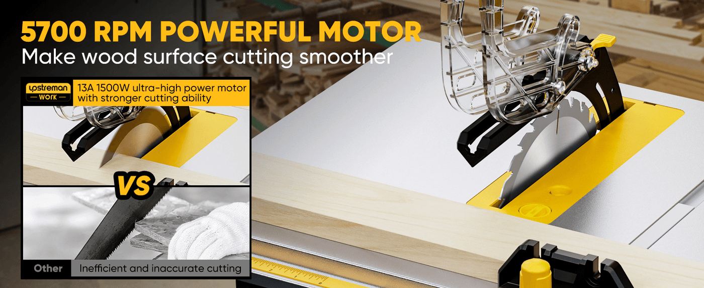 Upstreman M1 Pro 8.25" Table Saw, 13Amps, 5700RPM Rotor, with 24T Blade, Equipping with Onboard Carrying Handle Easy to Carry, 2.1“ Cut at 0 Deg, 1.6” Cut at 45 Deg, 0-45 Deg Adjustable