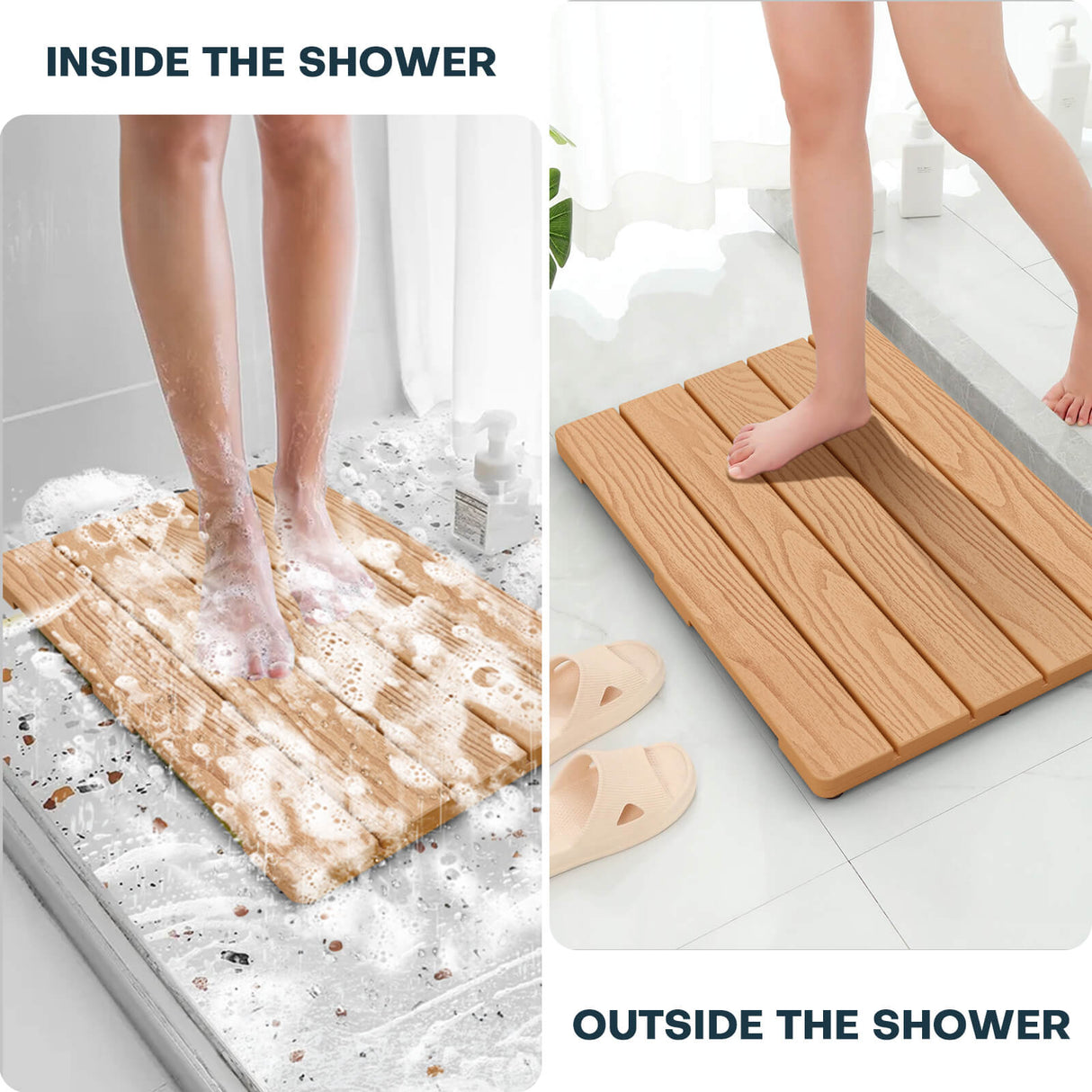 Upstreman 24" Shower Mat for Inside Shower Bath Mat for Bathroom Floor Spa Mat Water Resistance No-Maintenance Wooden-Like Non Slip for Bathtub, Pool, Seaside, Indoor & Outdoor Use (Teak Color)