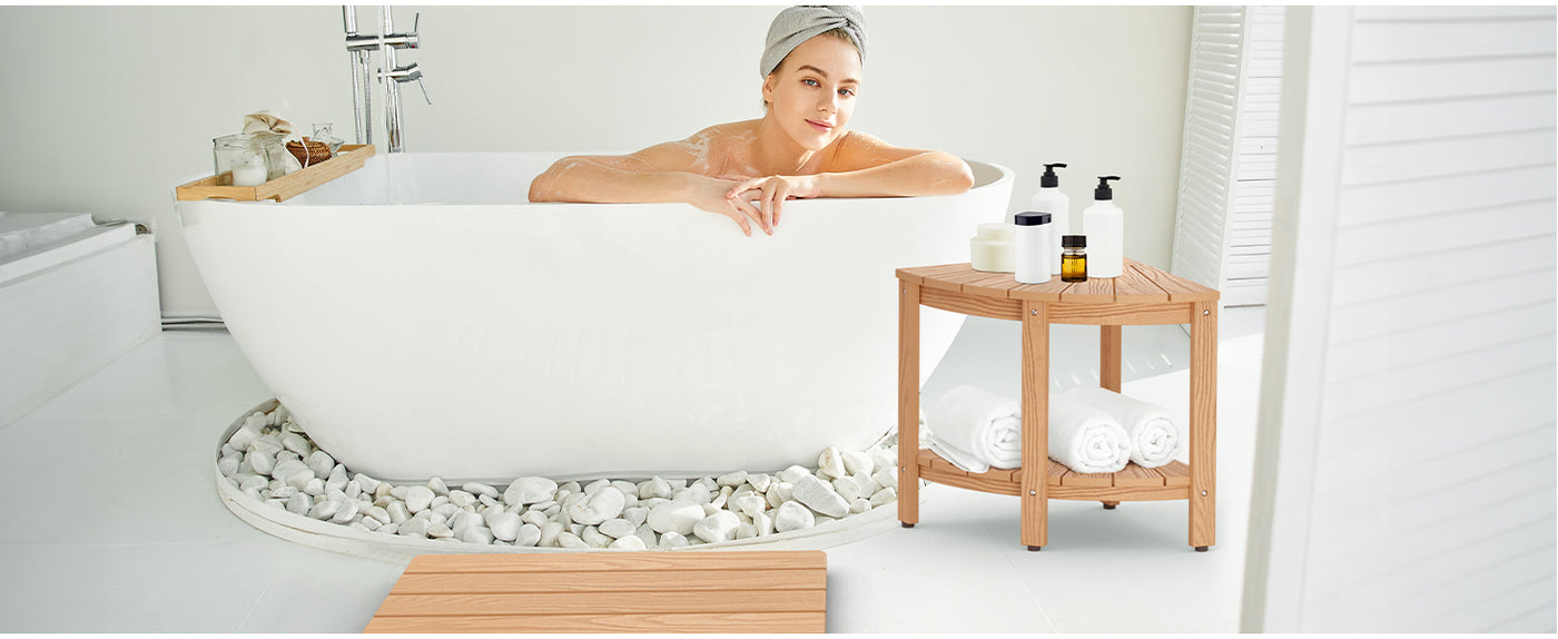 Upstreman 16" Corner Shower Bench Shower Stool for Inside Shower Seat with Shelf Foot Rest for Shaving Legs Water Resistance No-Maintenance Wooden-Like for Bathroom Spa Small Spaces (Teak Color)