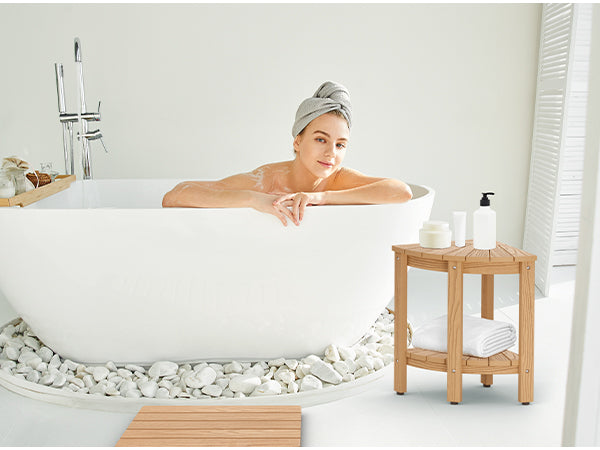 Upstreman 12" Corner Shower Bench Shower Stool for Inside Shower Seat with Shelf Foot Rest for Shaving Legs Water Resistance No-Maintenance Wooden-Like for Bathroom Spa Small Spaces (Teak Color)