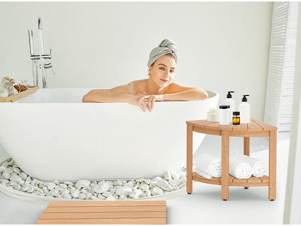 Upstreman 16" Corner Shower Bench Shower Stool for Inside Shower Seat with Shelf Foot Rest for Shaving Legs Water Resistance No-Maintenance Wooden-Like for Bathroom Spa Small Spaces (Teak Color)