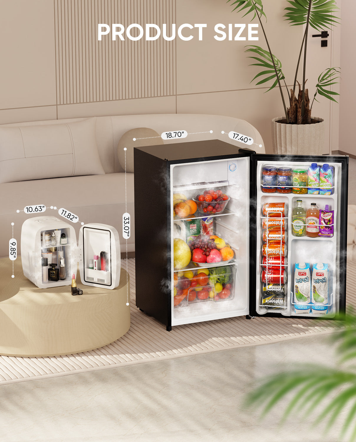 BR321A, 3.2 Cu.Ft. Mini Fridge and 6L Skincare Fridge in 1 Package