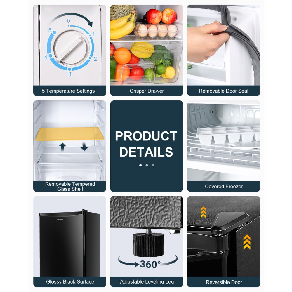 Upstreman 3.2 Cu.Ft Mini Fridge with Freezer, Single Door, Adjustable Thermostat, Refrigerator for Dorm, Office, Bedroom, Black