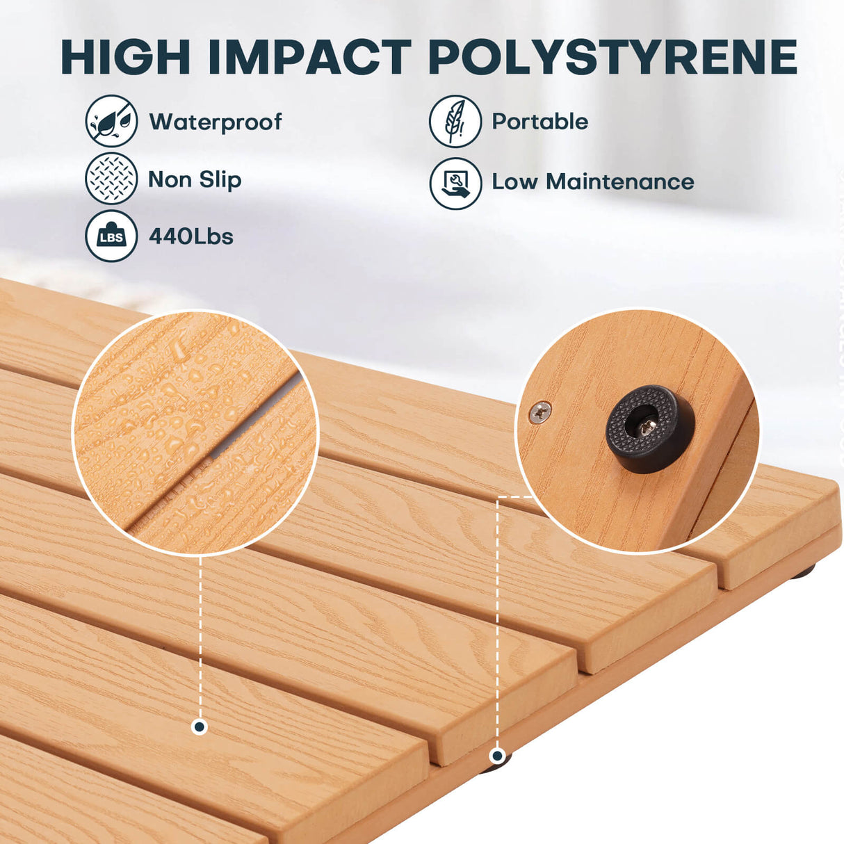 Upstreman 24" Shower Mat for Inside Shower Bath Mat for Bathroom Floor Spa Mat Water Resistance No-Maintenance Wooden-Like Non Slip for Bathtub, Pool, Seaside, Indoor & Outdoor Use (Teak Color)