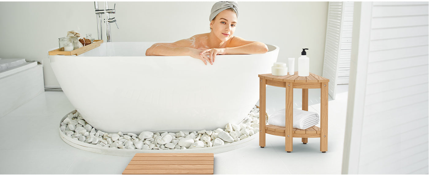 Upstreman 12" Corner Shower Bench Shower Stool for Inside Shower Seat with Shelf Foot Rest for Shaving Legs Water Resistance No-Maintenance Wooden-Like for Bathroom Spa Small Spaces (Teak Color)