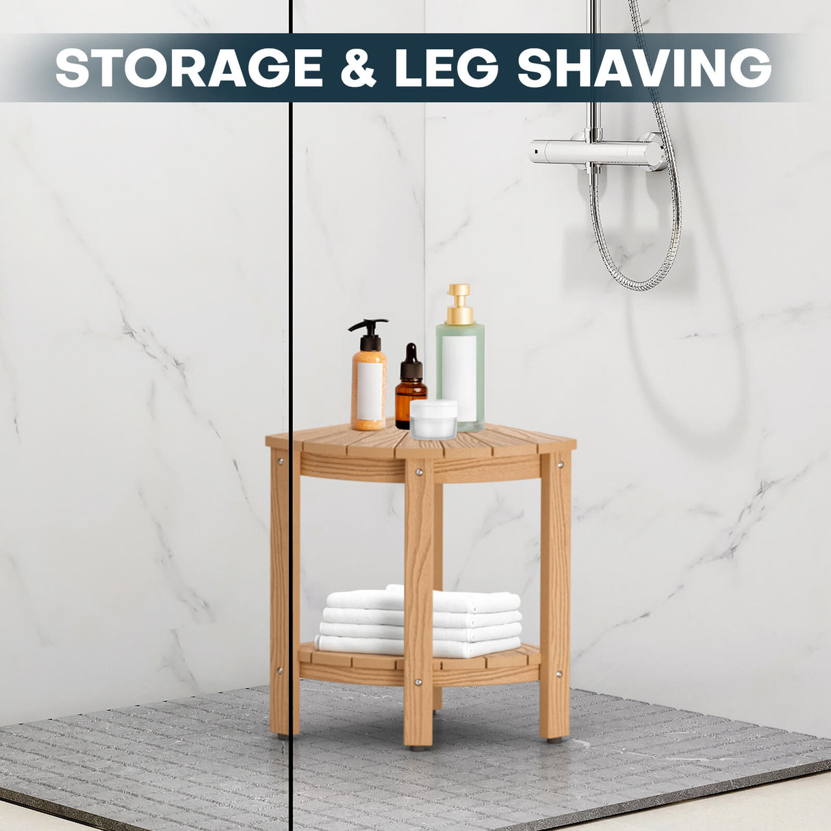 Upstreman 12" Corner Shower Bench Shower Stool for Inside Shower Seat with Shelf Foot Rest for Shaving Legs Water Resistance No-Maintenance Wooden-Like for Bathroom Spa Small Spaces (Teak Color)