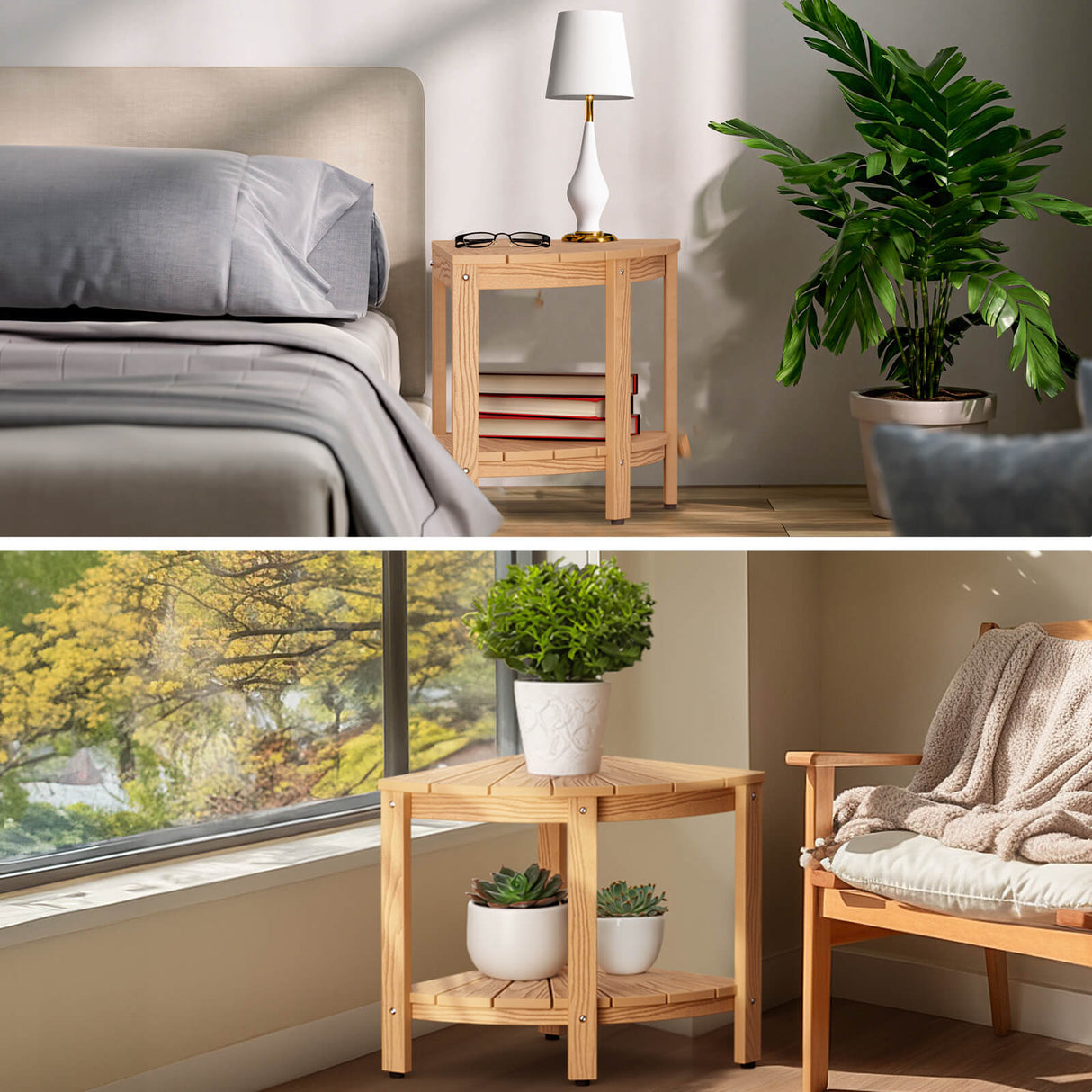 pstreman 16" Corner Shower Bench Shower Stool for Inside Shower Seat with Shelf Foot Rest for Shaving Legs Water Resistance No-Maintenance Wooden-Like for Bathroom Spa Small Spaces (Teak Color)