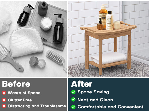 Play Video Click to see more videos        2 VIDEOS Upstreman 16" Shower Benches for Inside Shower Stool with Large Storage Shelf Water Resistant & Non-Slip Feets Design for Bathroom Living Room Bedroom (Teak Color)