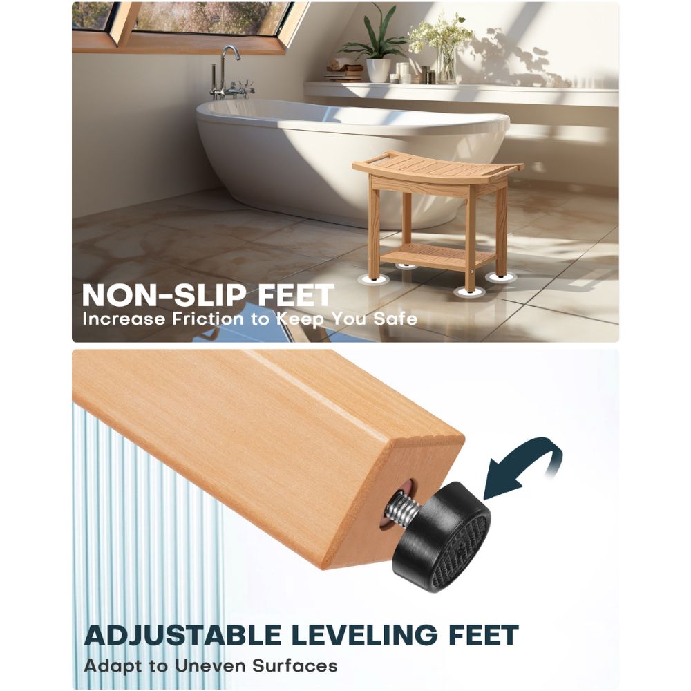 Upstreman 24" Shower Benches for Inside Shower Stool with Large Storage Shelf Water Resistant & Non-Slip Feets Design for Bathroom Living Room Bedroom (Teak Color)