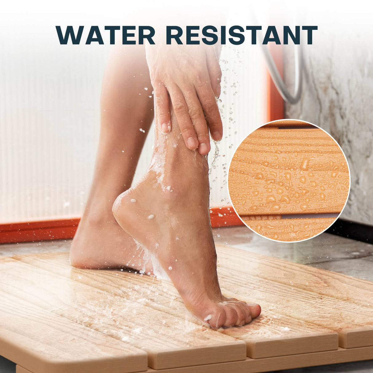 Upstreman 24" Shower Mat for Inside Shower Bath Mat for Bathroom Floor Spa Mat Water Resistance No-Maintenance Wooden-Like Non Slip for Bathtub, Pool, Seaside, Indoor & Outdoor Use (Teak Color)