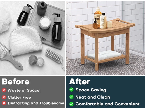 Upstreman 24" Shower Benches for Inside Shower Stool with Large Storage Shelf Water Resistant & Non-Slip Feets Design for Bathroom Living Room Bedroom (Teak Color)