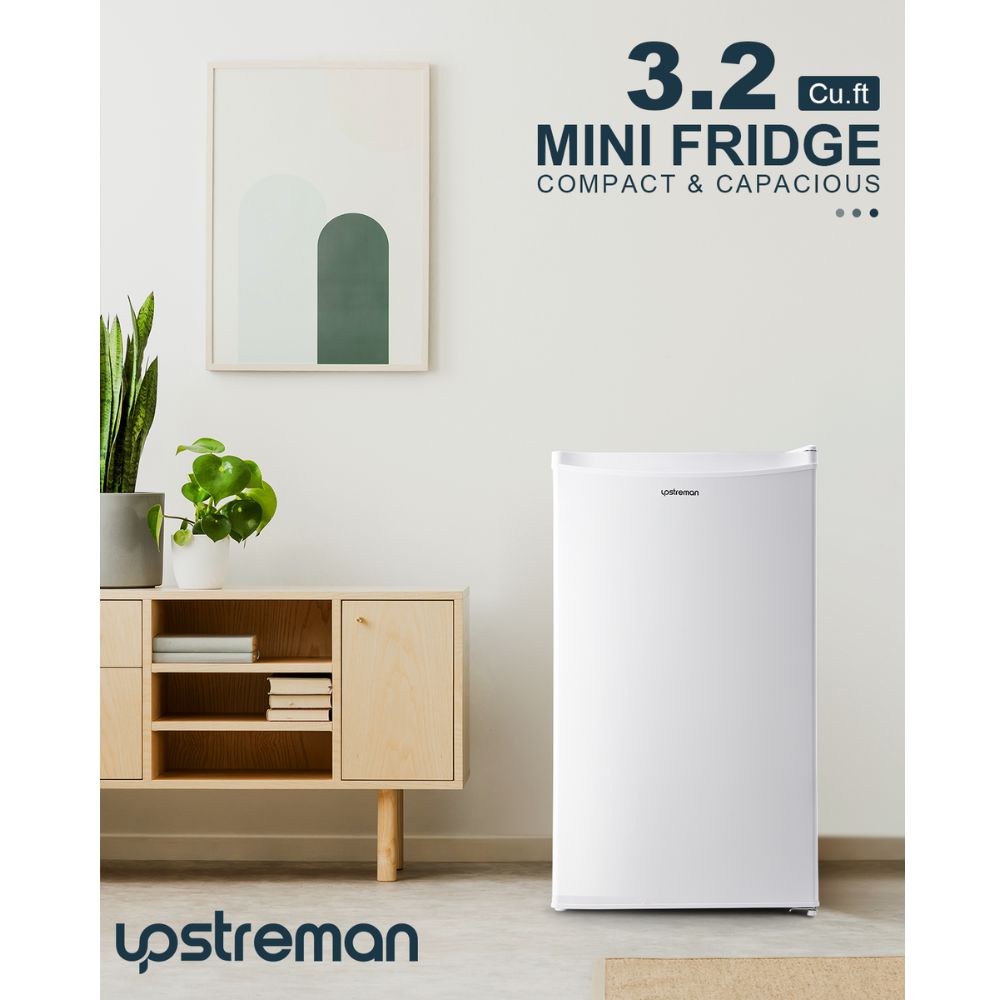 Upstreman 3.2 Cu.Ft Mini Fridge with Freezer, Single Door Mini Fridge, Adjustable Thermostat, Mini Refrigerator for Dorm, Office, Bedroom, White