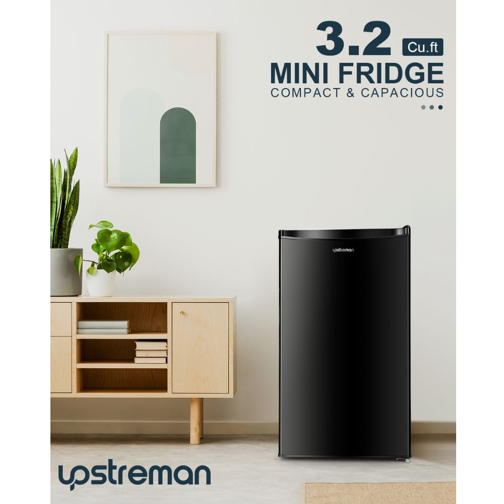 Upstreman 3.2 Cu.Ft Mini Fridge with Freezer, Single Door, Adjustable Thermostat, Refrigerator for Dorm, Office, Bedroom, Black