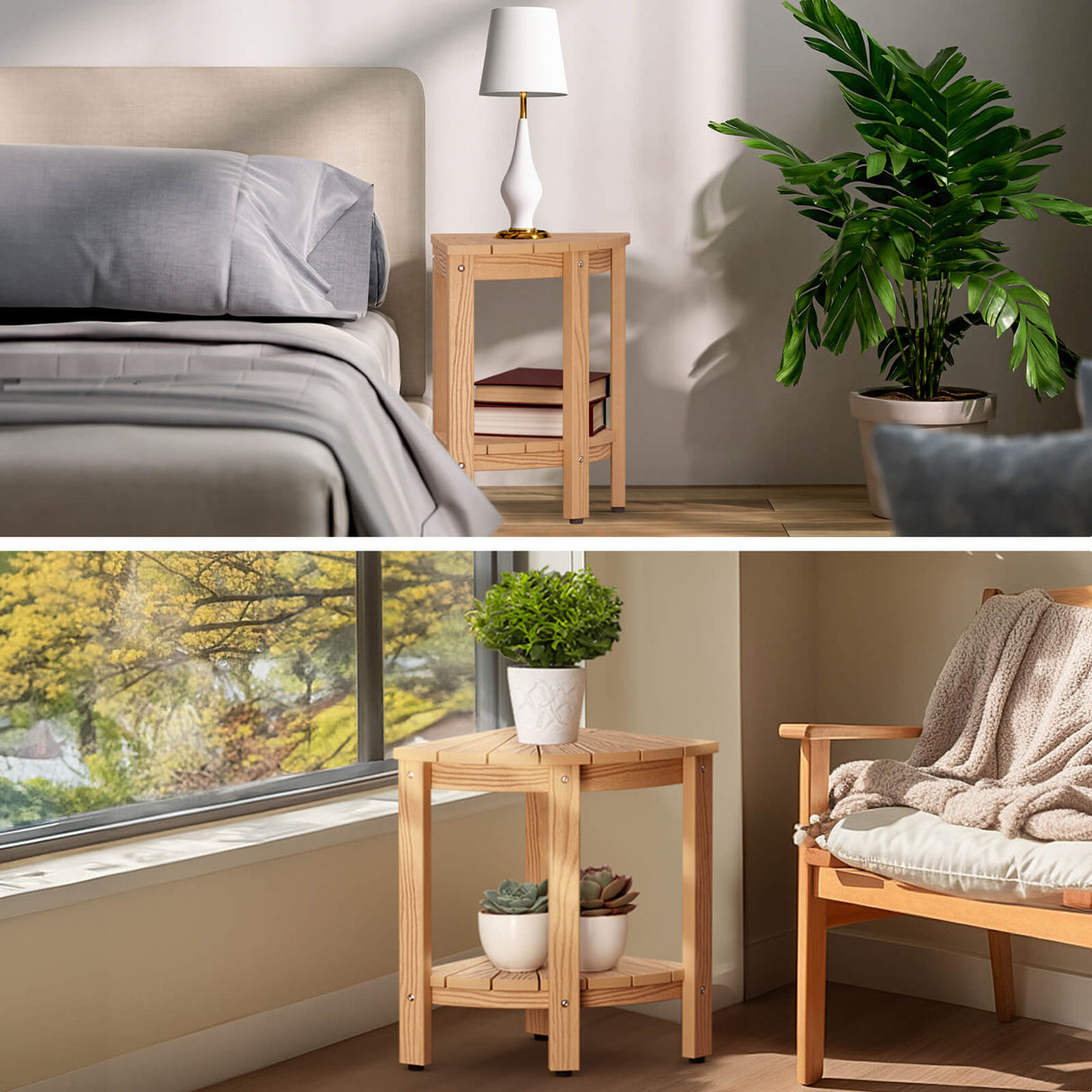 Upstreman 12" Corner Shower Bench Shower Stool for Inside Shower Seat with Shelf Foot Rest for Shaving Legs Water Resistance No-Maintenance Wooden-Like for Bathroom Spa Small Spaces (Teak Color)