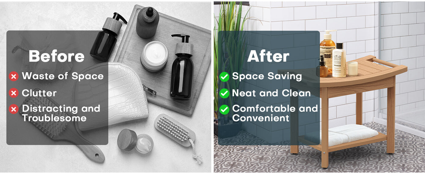 Upstreman 24" Shower Benches for Inside Shower Stool with Large Storage Shelf Water Resistant & Non-Slip Feets Design for Bathroom Living Room Bedroom (Teak Color)