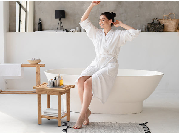 Play Video Click to see more videos        2 VIDEOS Upstreman 16" Shower Benches for Inside Shower Stool with Large Storage Shelf Water Resistant & Non-Slip Feets Design for Bathroom Living Room Bedroom (Teak Color)