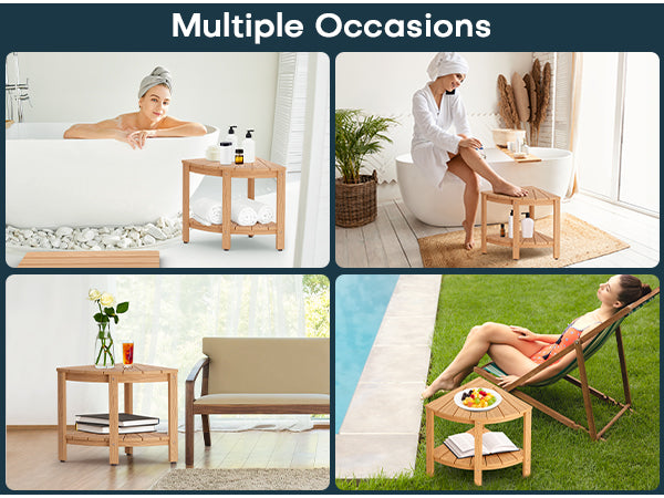 Upstreman 16" Corner Shower Bench Shower Stool for Inside Shower Seat with Shelf Foot Rest for Shaving Legs Water Resistance No-Maintenance Wooden-Like for Bathroom Spa Small Spaces (Teak Color)