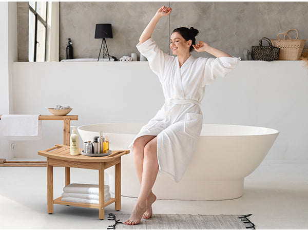 Upstreman 24" Shower Benches for Inside Shower Stool with Large Storage Shelf Water Resistant & Non-Slip Feets Design for Bathroom Living Room Bedroom (Teak Color)