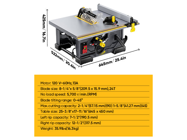 Upstreman M1 Pro 8.25" Table Saw, 13Amps, 5700RPM Rotor, with 24T Blade, Equipping with Onboard Carrying Handle Easy to Carry, 2.1“ Cut at 0 Deg, 1.6” Cut at 45 Deg, 0-45 Deg Adjustable
