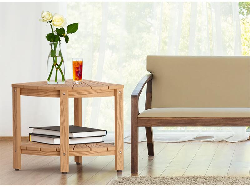 Upstreman 16" Corner Shower Bench Shower Stool for Inside Shower Seat with Shelf Foot Rest for Shaving Legs Water Resistance No-Maintenance Wooden-Like for Bathroom Spa Small Spaces (Teak Color)