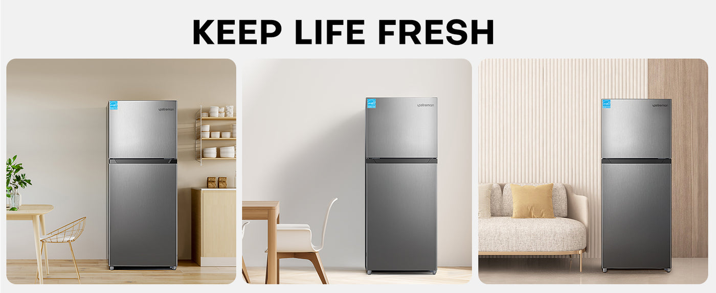 Upstreman 11.6 Cu.Ft. Double Door Fridge in Stainless Steel with Large Capacity Top Freezer, Auto Defrost, Adjustable Thermostat Control, Reversible Door Swing, ENERGY STAR