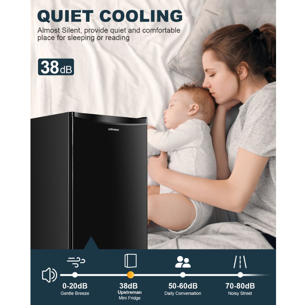 Upstreman 3.2 Cu.Ft Mini Fridge with Freezer, Single Door, Adjustable Thermostat, Refrigerator for Dorm, Office, Bedroom, Black