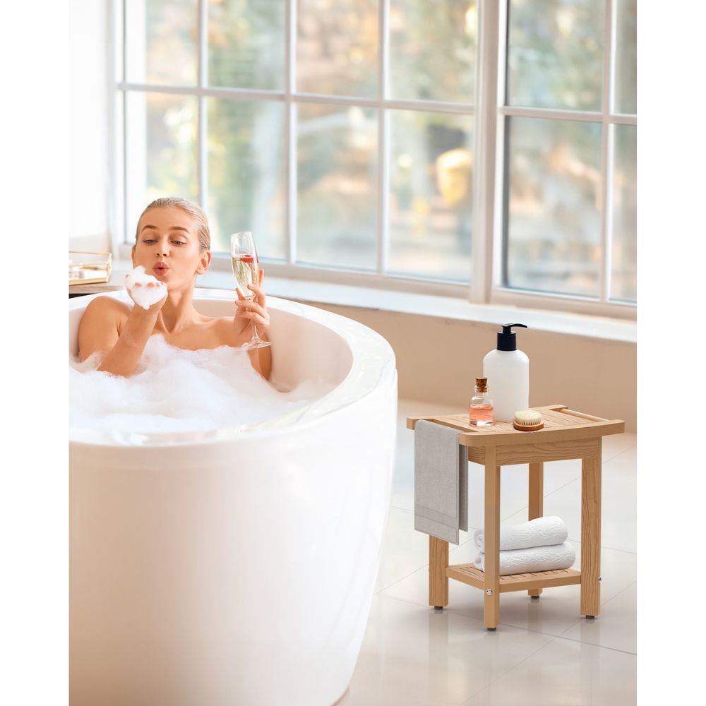 pstreman 16" Shower Benches for Inside Shower Stool with Large Storage Shelf Water Resistant & Non-Slip Feets Design for Bathroom Living Room Bedroom (Teak Color)