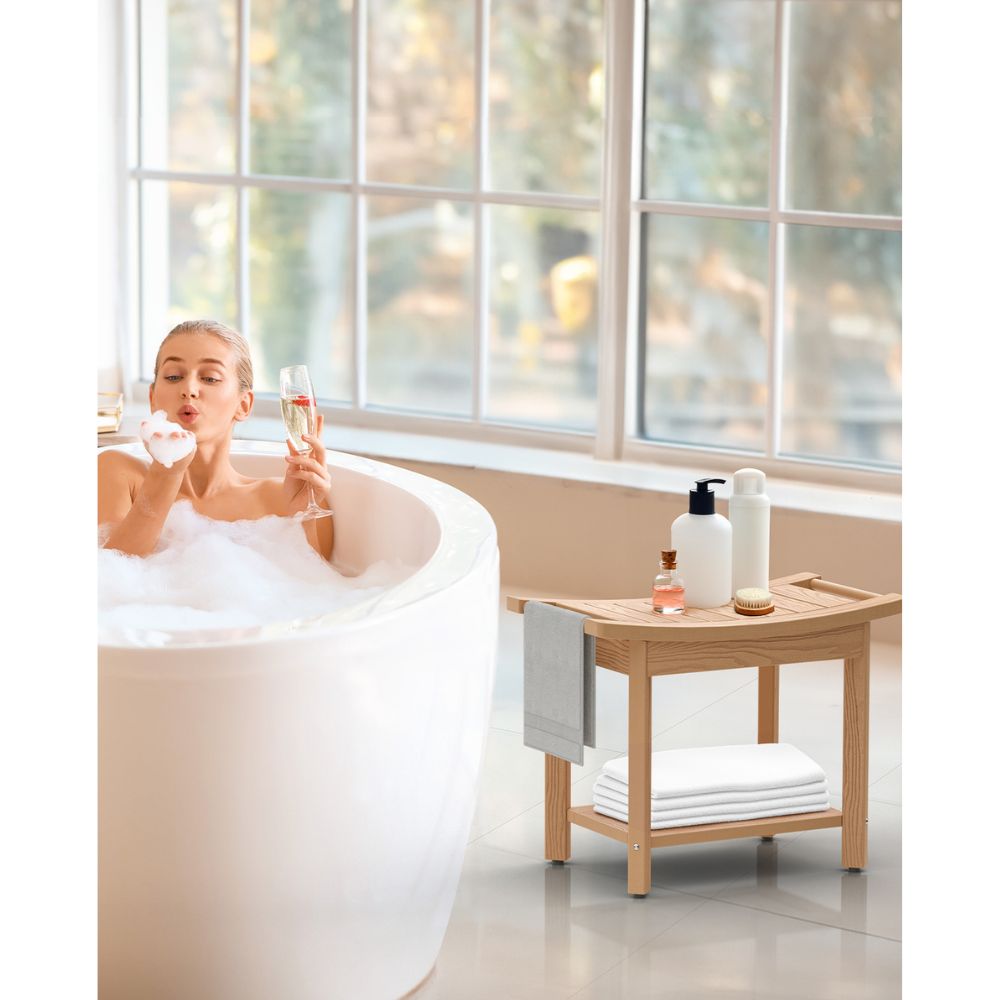 Upstreman 24" Shower Benches for Inside Shower Stool with Large Storage Shelf Water Resistant & Non-Slip Feets Design for Bathroom Living Room Bedroom (Teak Color)