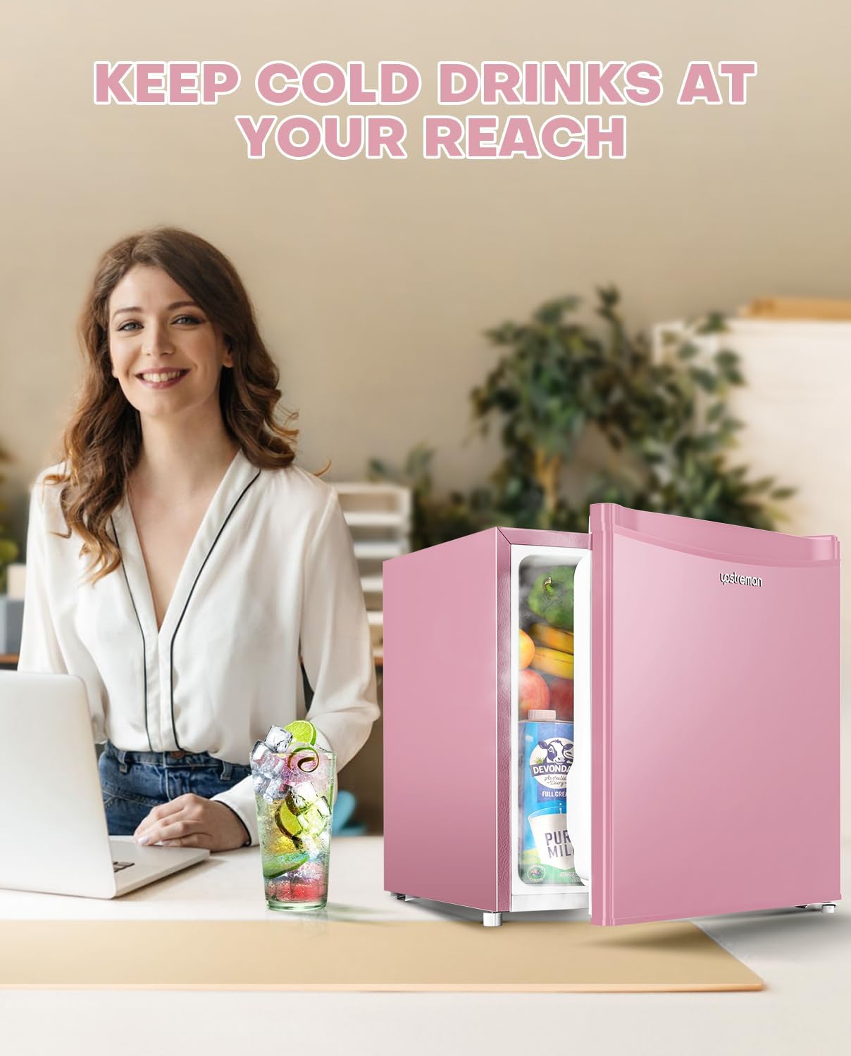 1.7 Cu.Ft Mini Fridge with Freezer, Dorm Essentials, Adjustable Thermostat, Energy Saving, Low Noise, Single Door Compact Refrigerator for Dorm, Office, Bedroom, Pink-Fr17