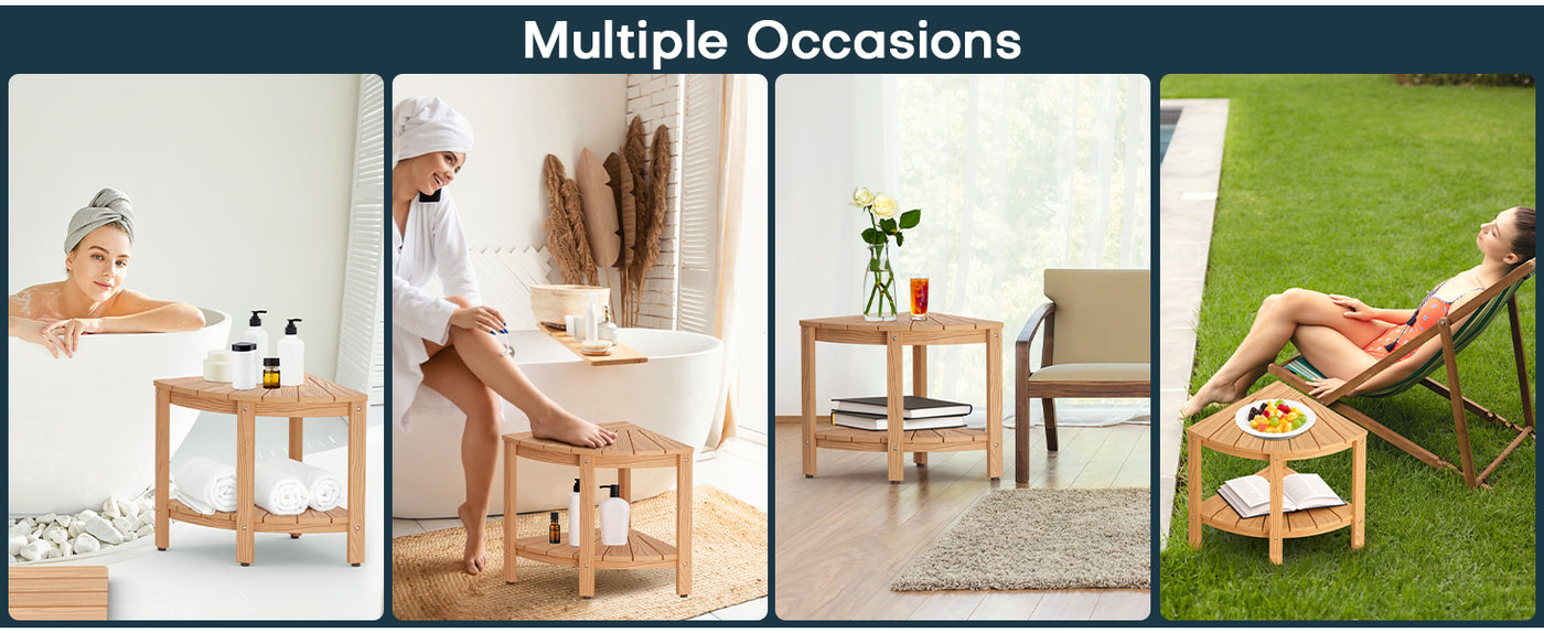 Upstreman 16" Corner Shower Bench Shower Stool for Inside Shower Seat with Shelf Foot Rest for Shaving Legs Water Resistance No-Maintenance Wooden-Like for Bathroom Spa Small Spaces (Teak Color)