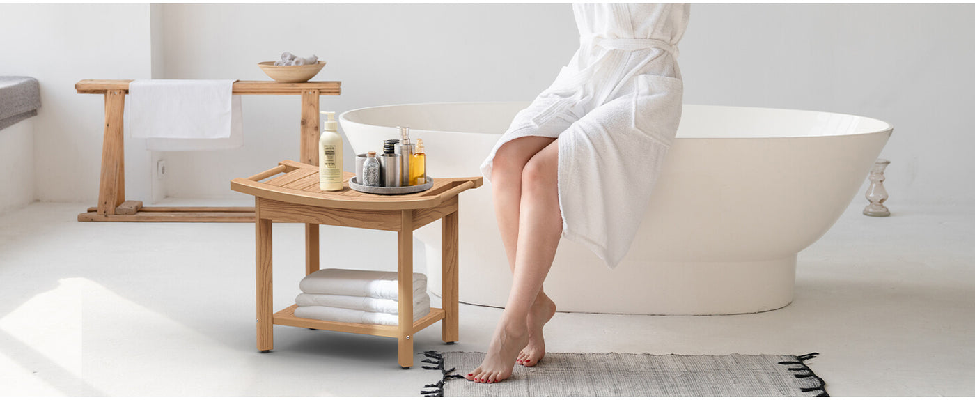 Upstreman 24" Shower Benches for Inside Shower Stool with Large Storage Shelf Water Resistant & Non-Slip Feets Design for Bathroom Living Room Bedroom (Teak Color)